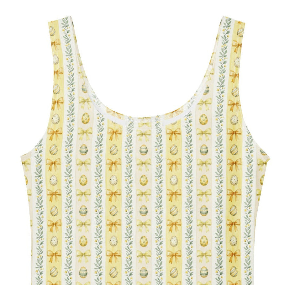 Yellow 1950s vintage-inspired fit and flare dress with an Easter egg pattern.