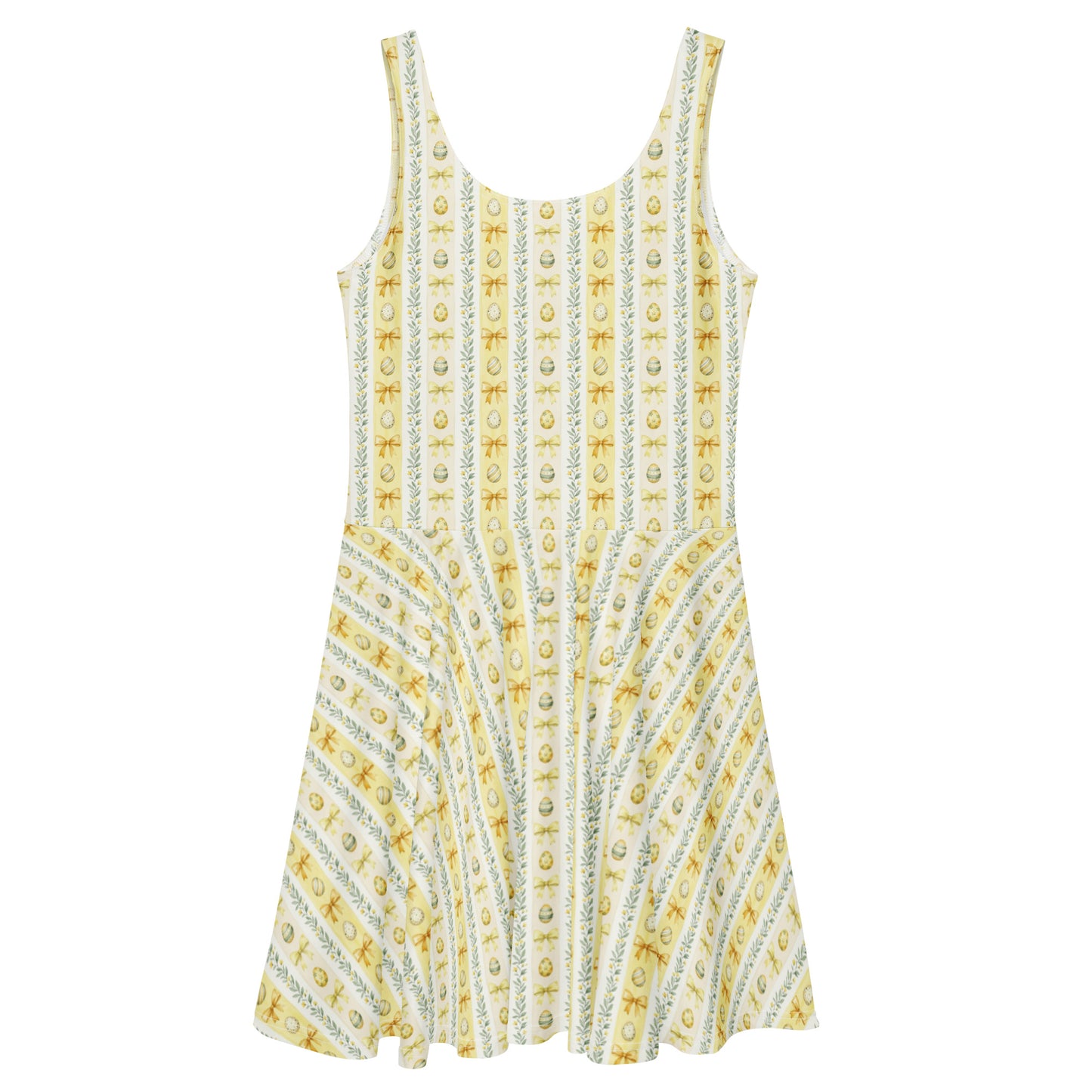 Yellow 1950s vintage-inspired fit and flare dress with an Easter egg pattern.