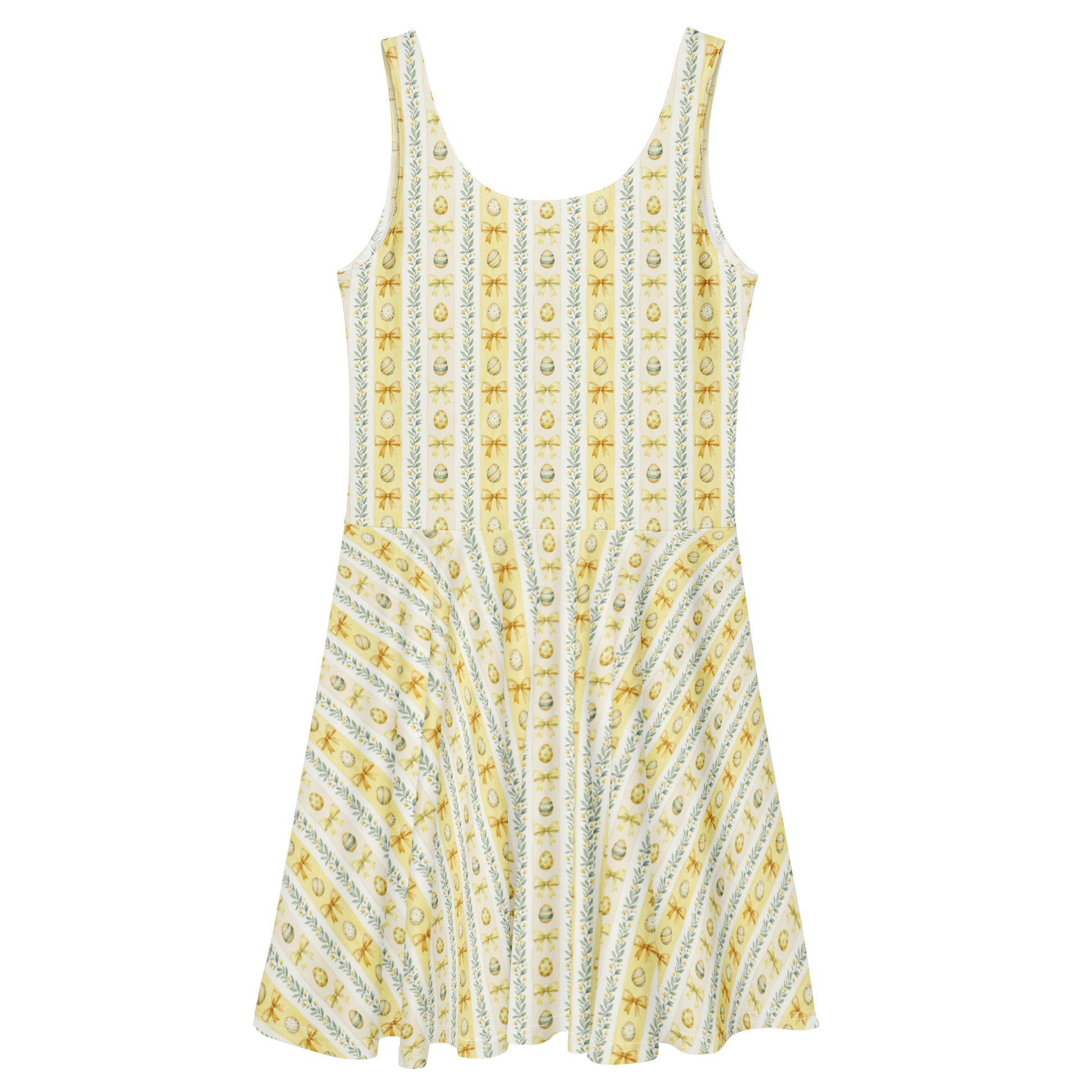 Yellow 1950s vintage-inspired fit and flare dress with an Easter egg pattern.