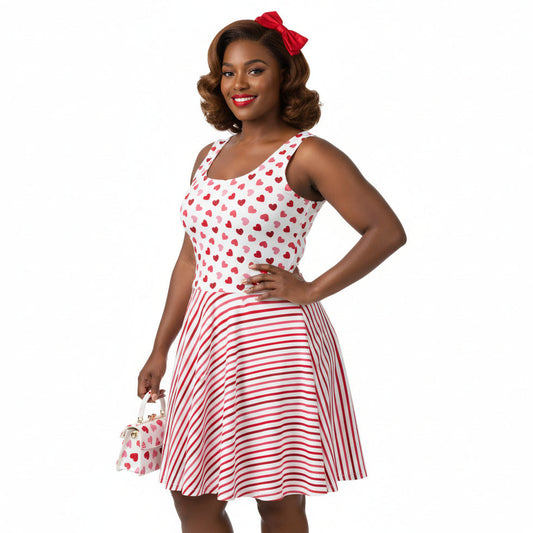 Woman wearing a red and white polka dot dress with a matching handbag on a white background