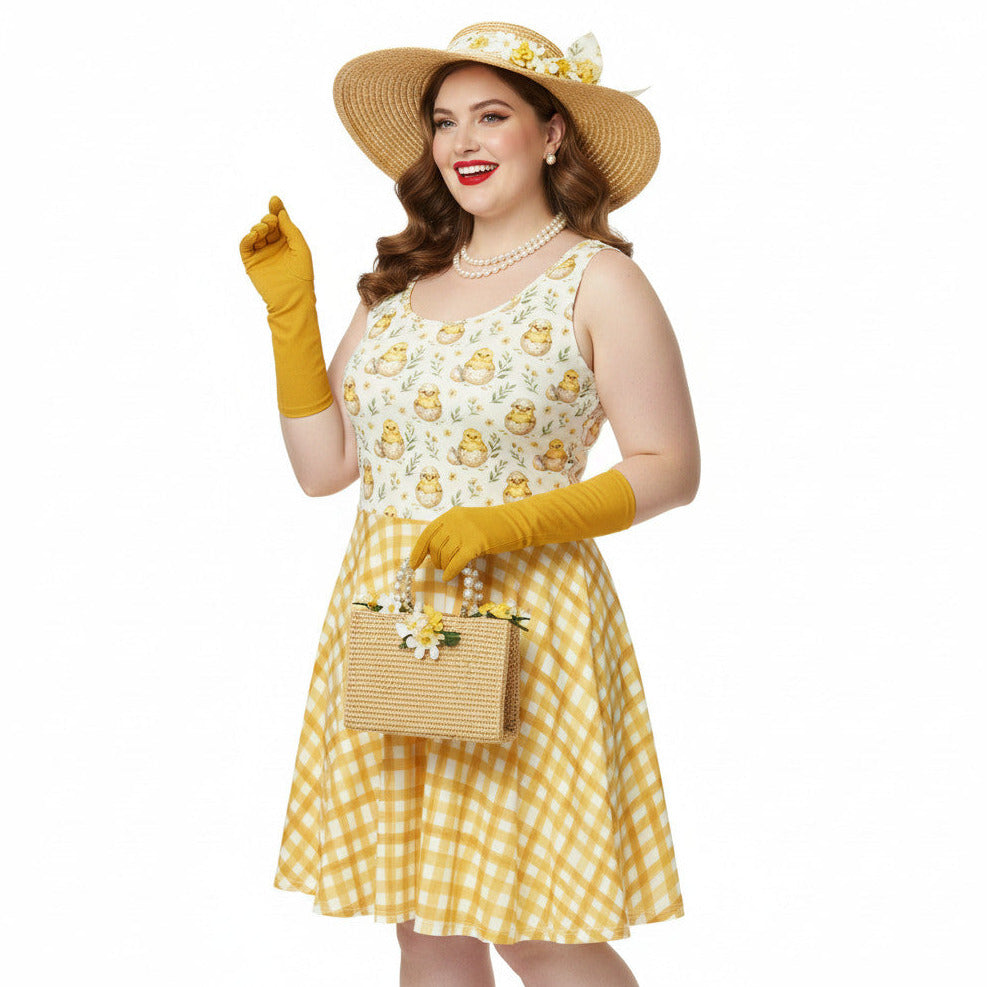 Plus size woman wearing a yellow gingham 1950s style fit and flare swing dress with a vintage chick print, straw hat, and pearls.
