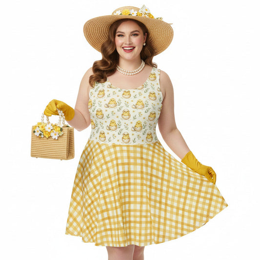 Plus size woman wearing a yellow gingham 1950s style fit and flare swing dress with a vintage chick print, straw hat, and pearls.
