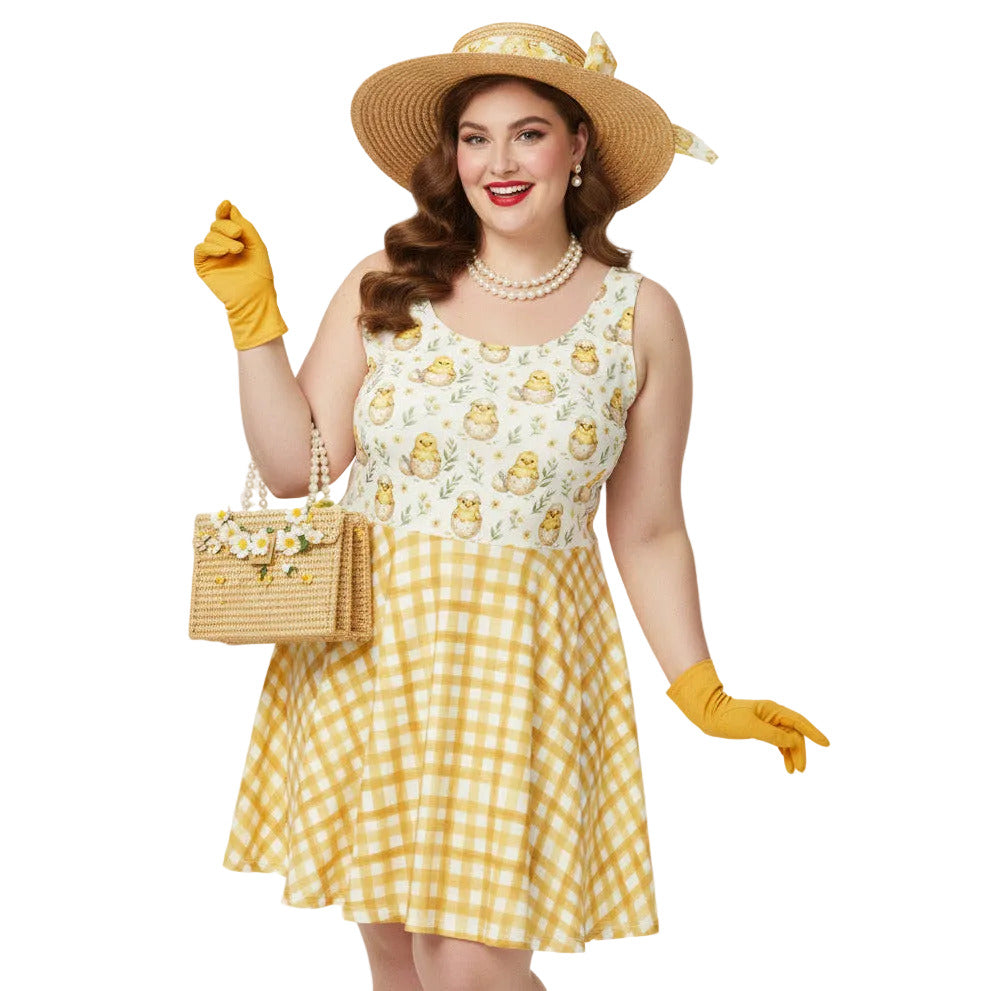 Plus size woman wearing a yellow gingham 1950s style fit and flare swing dress with a vintage chick print, straw hat, and pearls.
