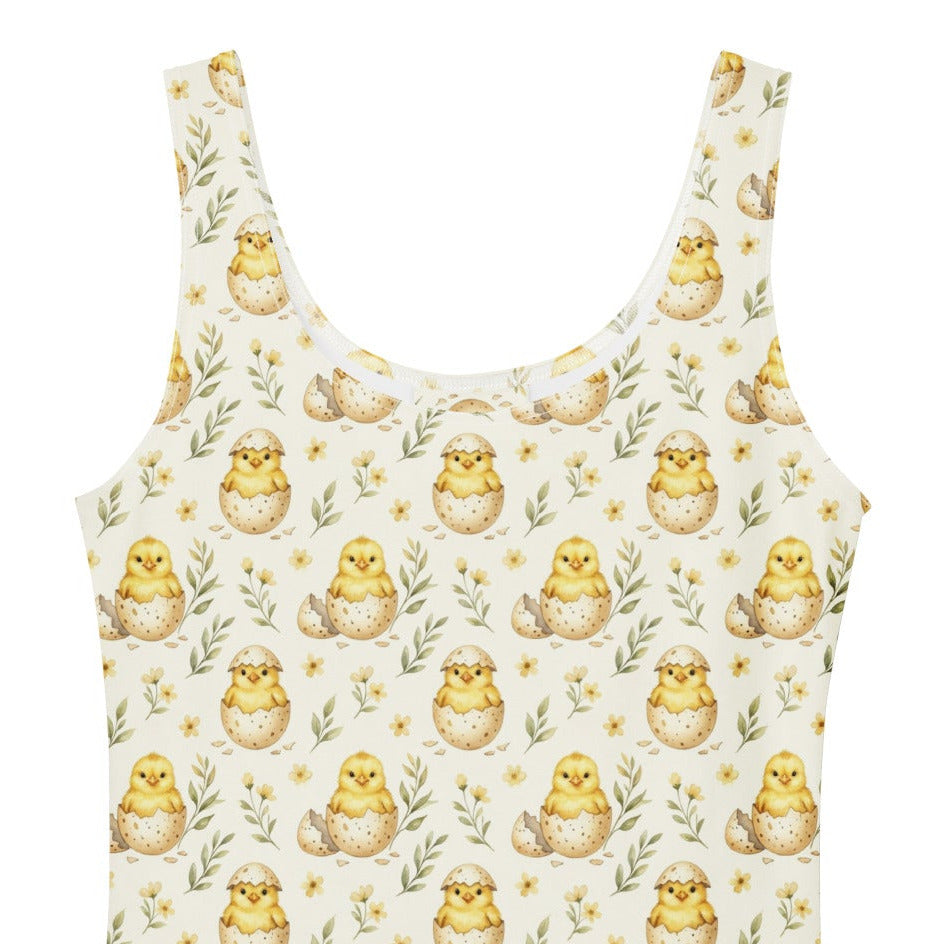 Yellow gingham 1950s style fit and flare swing dress with a vintage chick print.