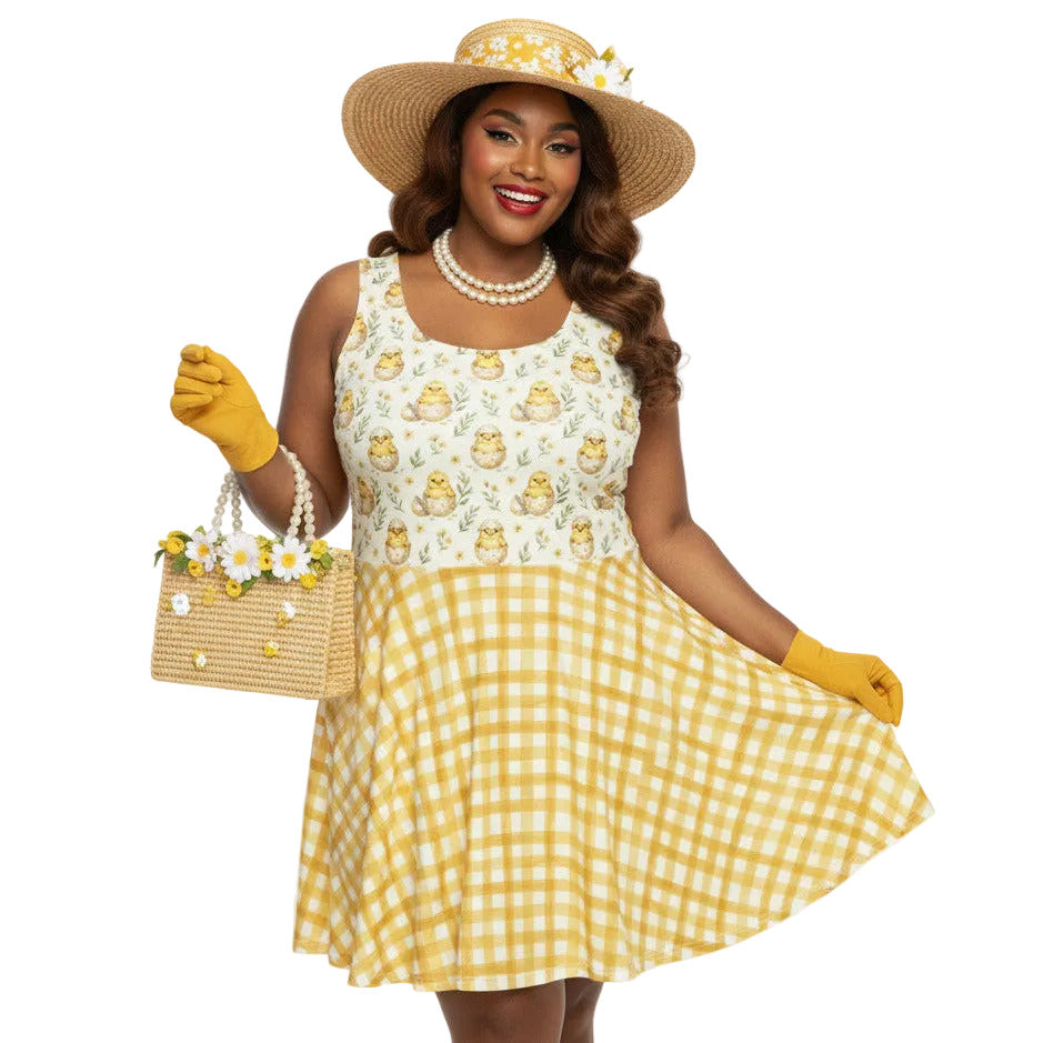 Plus size woman wearing a yellow gingham 1950s style fit and flare swing dress with a vintage chick print, straw hat, and pearls.