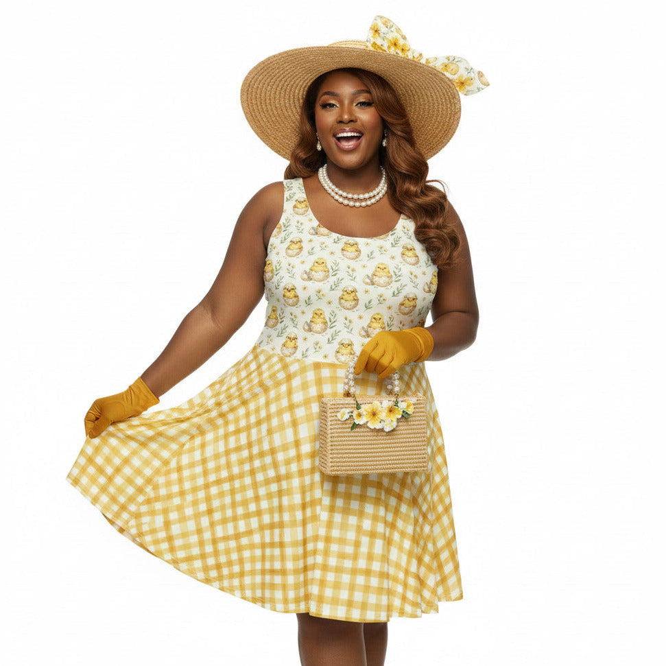Plus size woman wearing a yellow gingham 1950s style fit and flare swing dress with a vintage chick print, straw hat, and pearls.