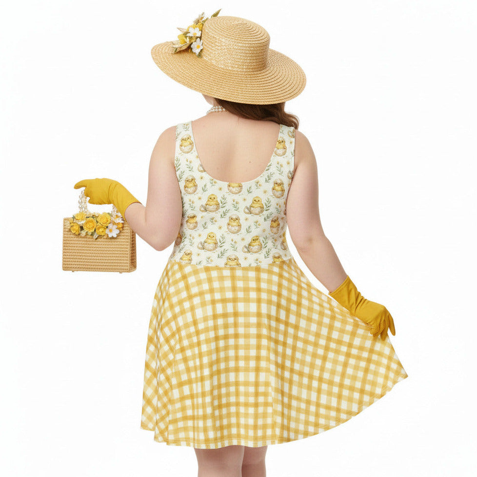 Plus size woman wearing a yellow gingham 1950s style fit and flare swing dress with a vintage chick print, straw hat, and pearls.