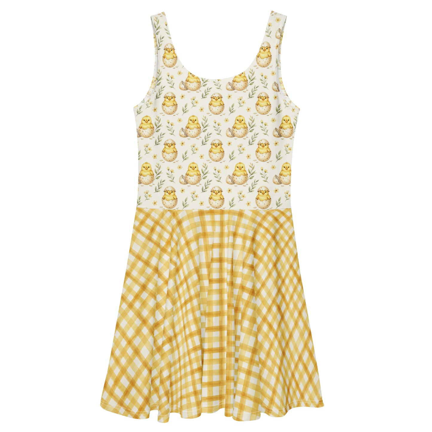 Yellow gingham 1950s style fit and flare swing dress with a vintage chick print.