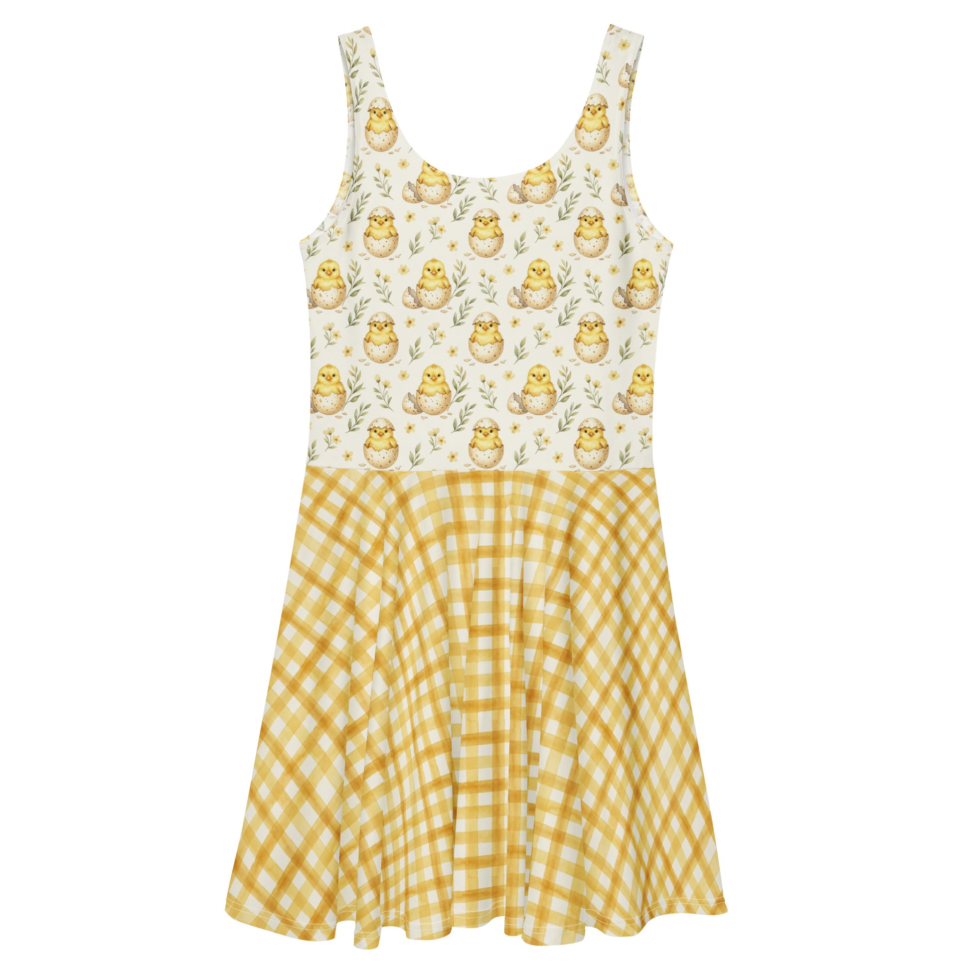 Yellow gingham 1950s style fit and flare swing dress with a vintage chick print.