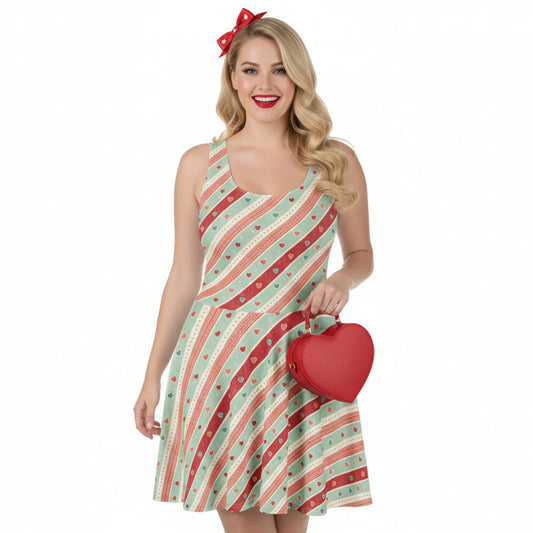 Woman wearing a patterned dress holding a red heart-shaped bag on a white background