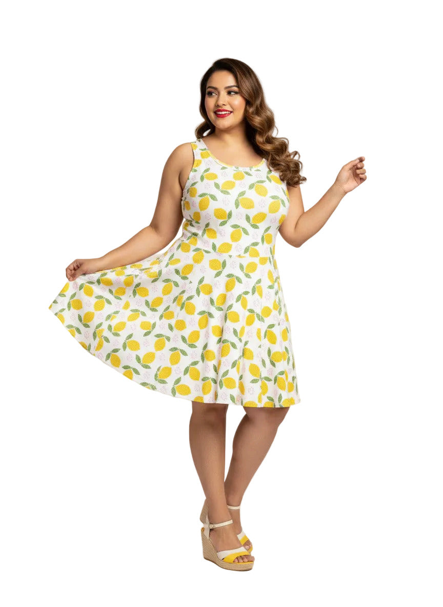 Plus size woman in a 1950s lemon print vintage swing dress with a fit and flare silhouette and yellow citrus pattern.