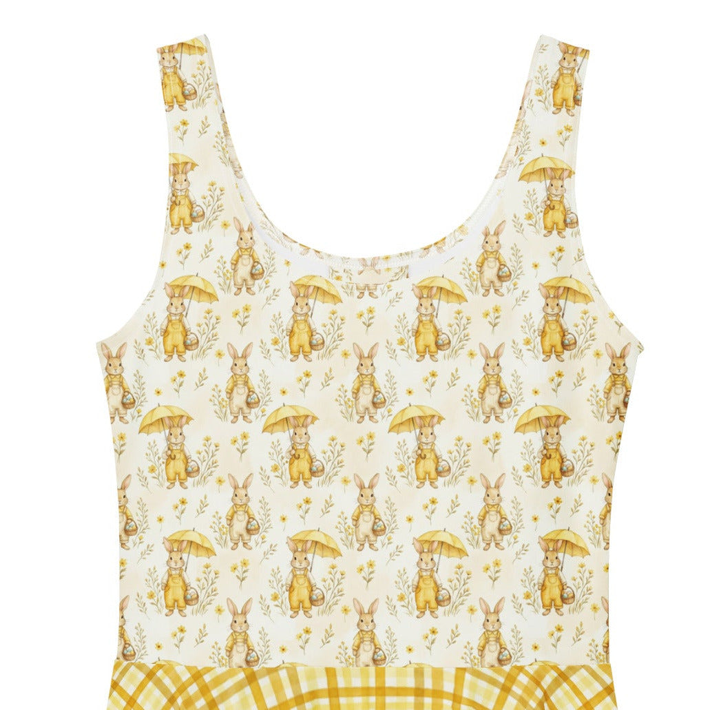 Yellow gingham and Mr. Rabbit print 1950s vintage style fit and flare swing dress.