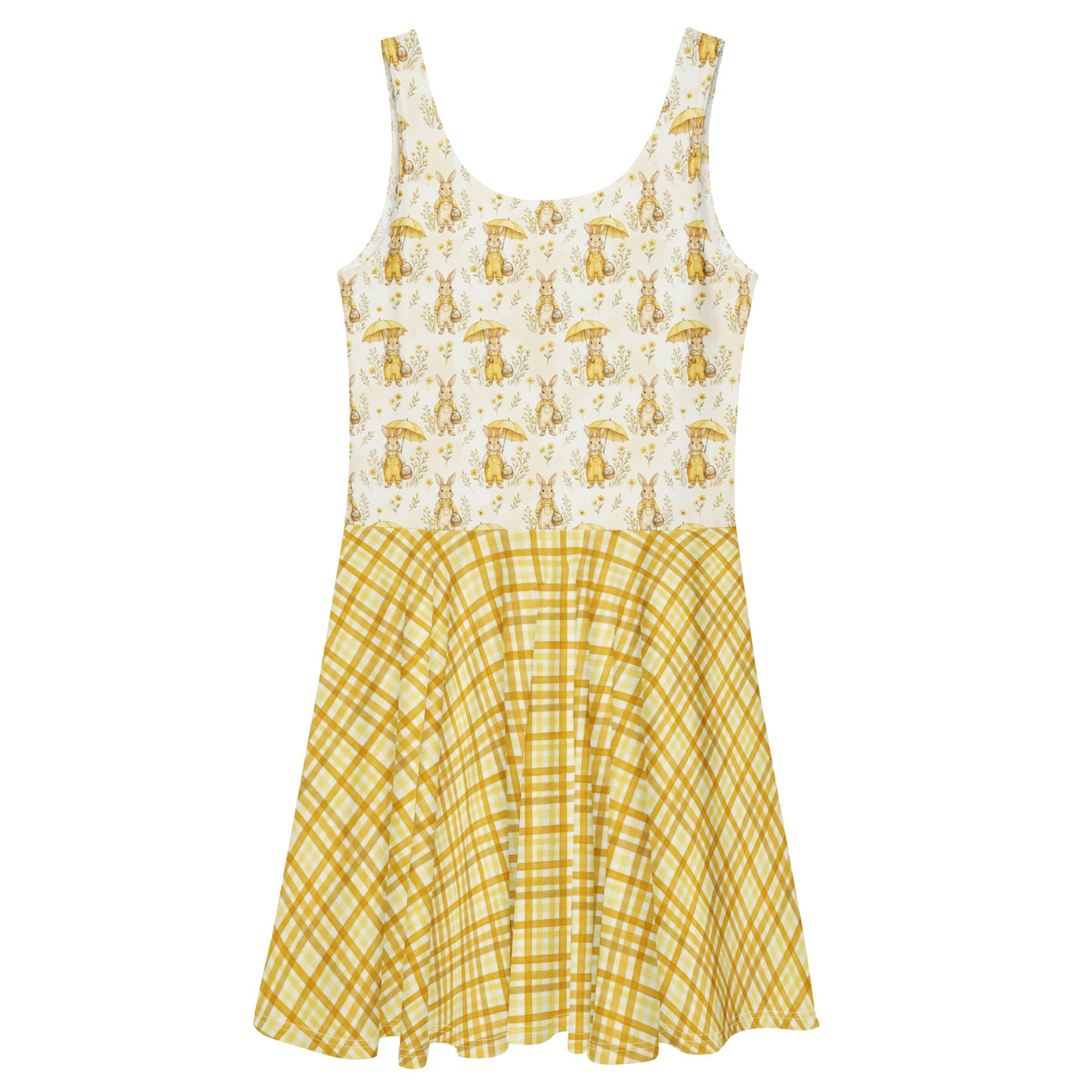 Yellow gingham and Mr. Rabbit print 1950s vintage style fit and flare swing dress.