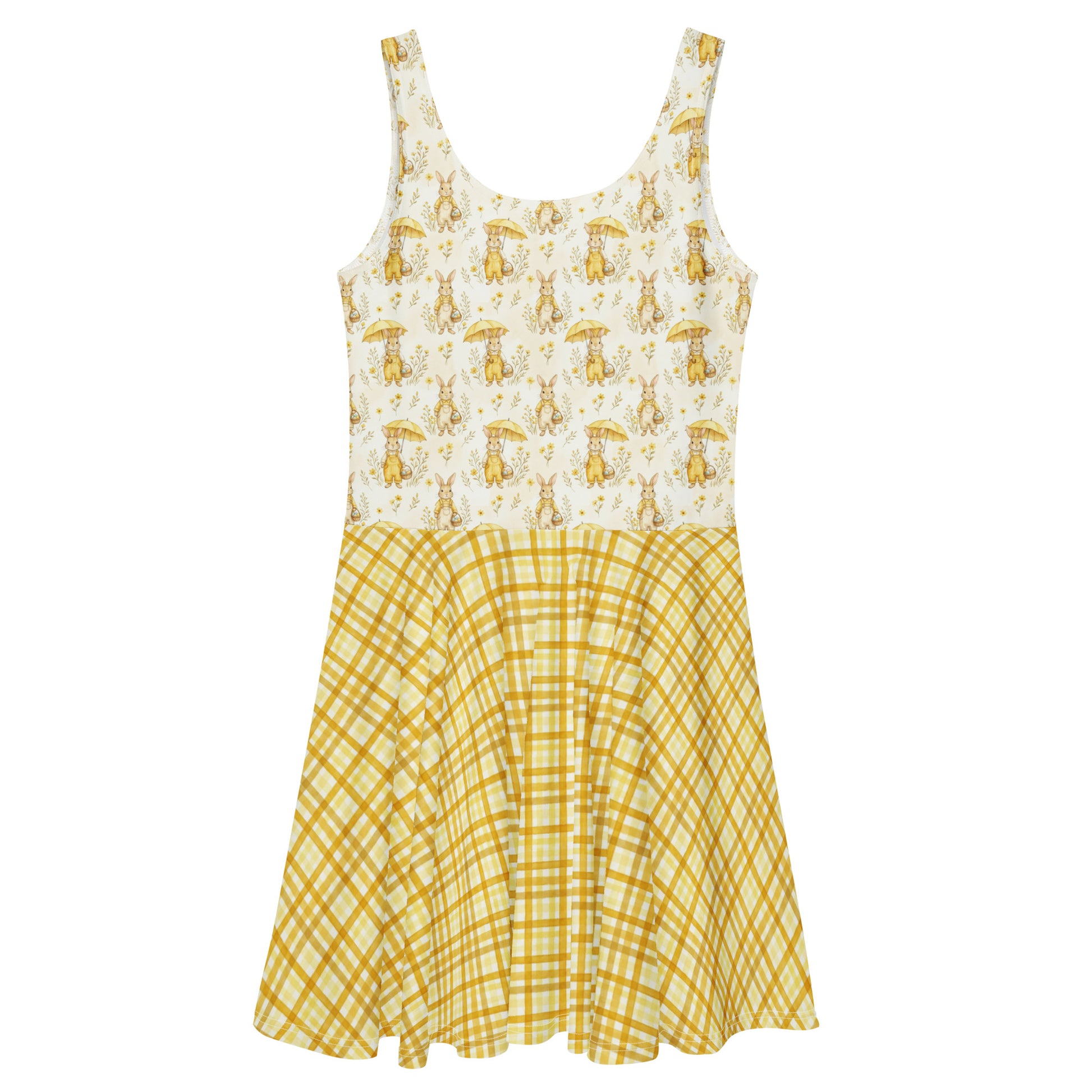 Yellow gingham and Mr. Rabbit print 1950s vintage style fit and flare swing dress.
