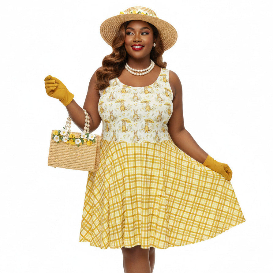 Plus size woman wearing a yellow gingham and Mr. Rabbit print 1950s vintage style fit and flare swing dress with straw hat.