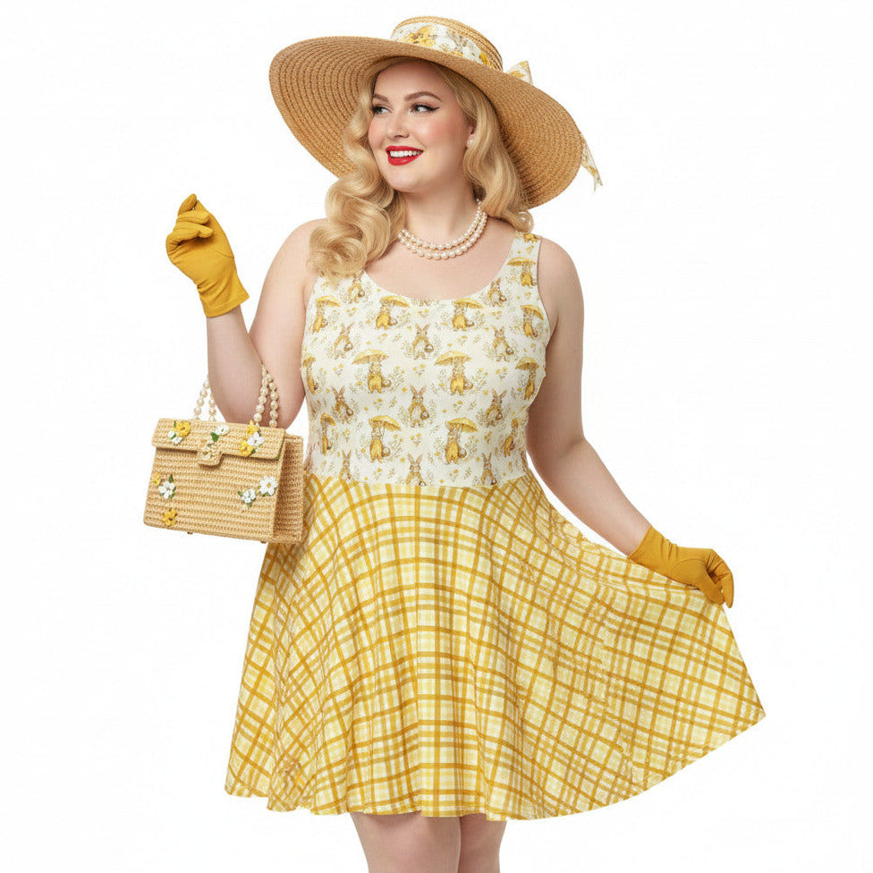 Plus size woman wearing a yellow gingham and Mr. Rabbit print 1950s vintage style fit and flare swing dress with straw hat.