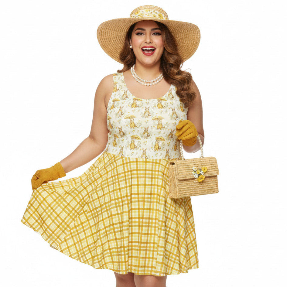 Plus size woman wearing a yellow gingham and Mr. Rabbit print 1950s vintage style fit and flare swing dress with straw hat.