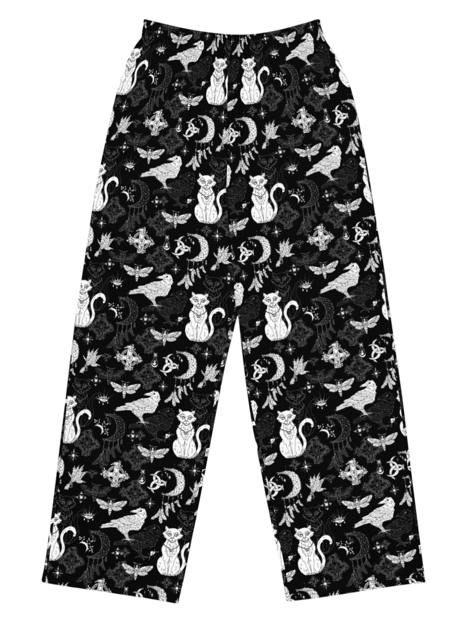 black wide-leg Whimsigoth lounge pants with white celestial cat and moon print.
