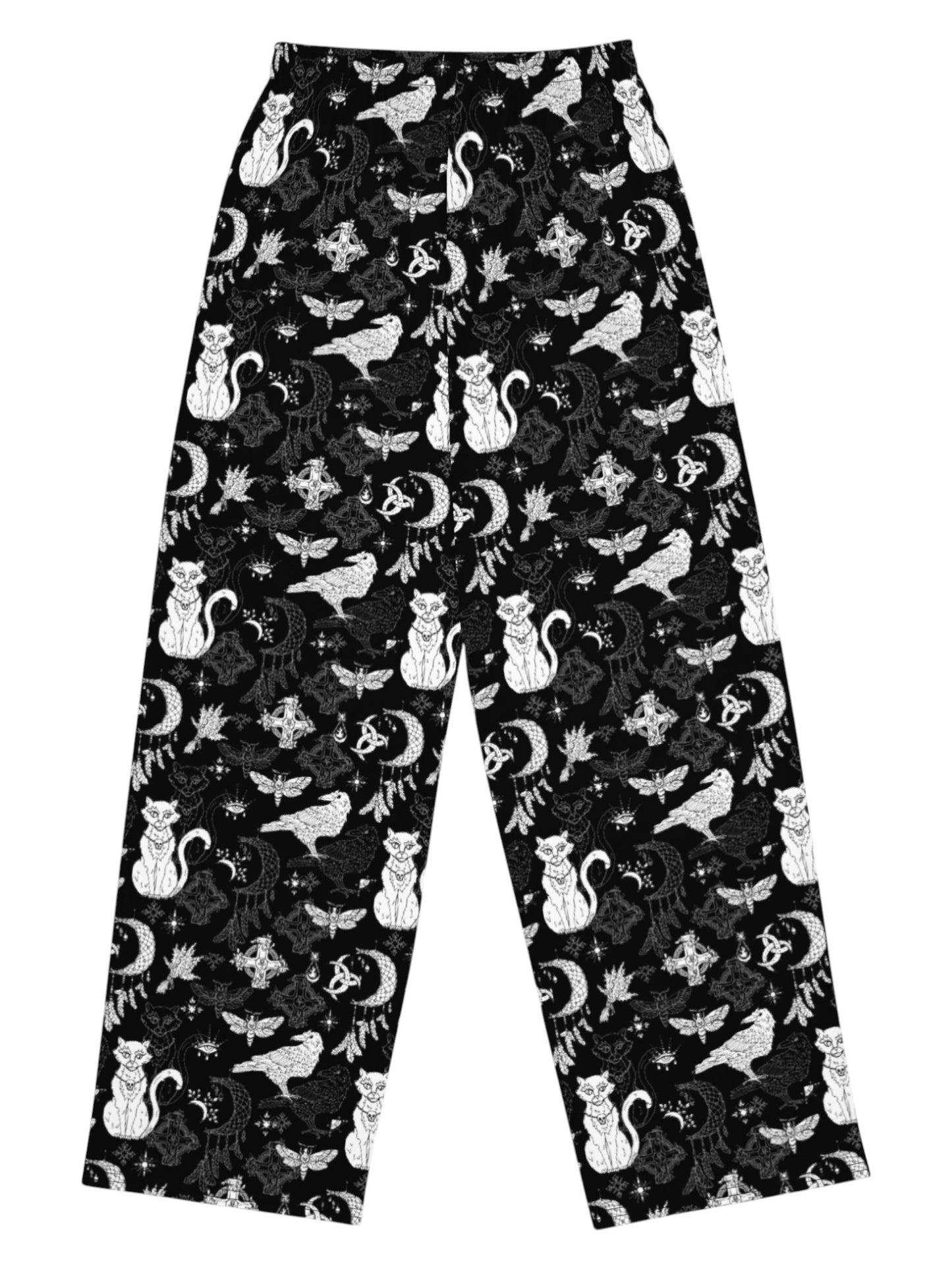black wide-leg Whimsigoth lounge pants with white celestial cat and moon print.