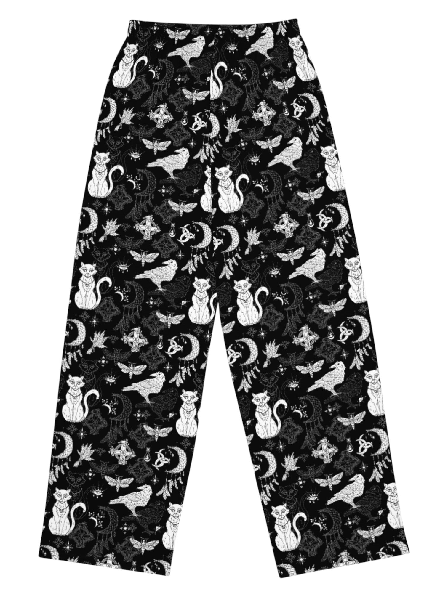 black wide-leg Whimsigoth lounge pants with white celestial cat and moon print.