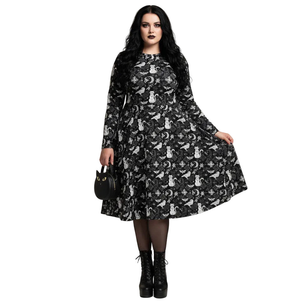 Whimsigoth goth long sleeve midi dress with pockets and witchy cat print.
