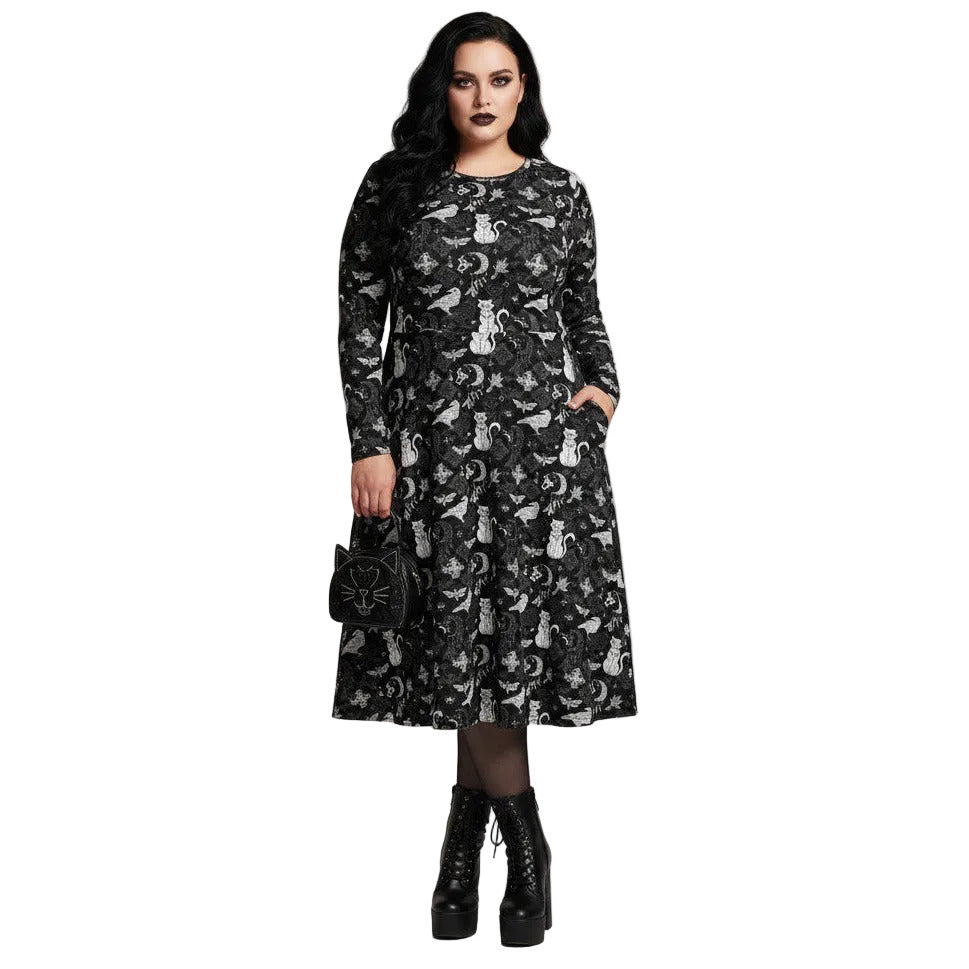 Whimsigoth goth long sleeve midi dress with pockets and witchy cat print.