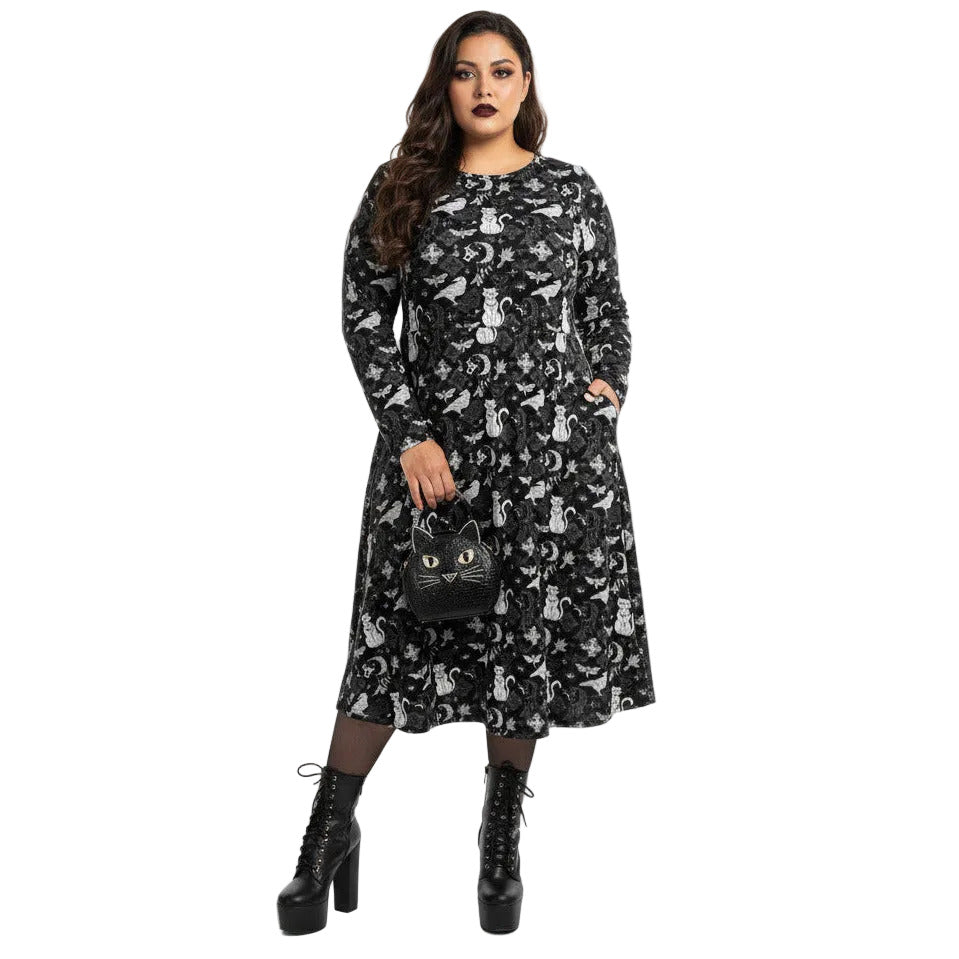 Whimsigoth goth long sleeve midi dress with pockets and witchy cat print.