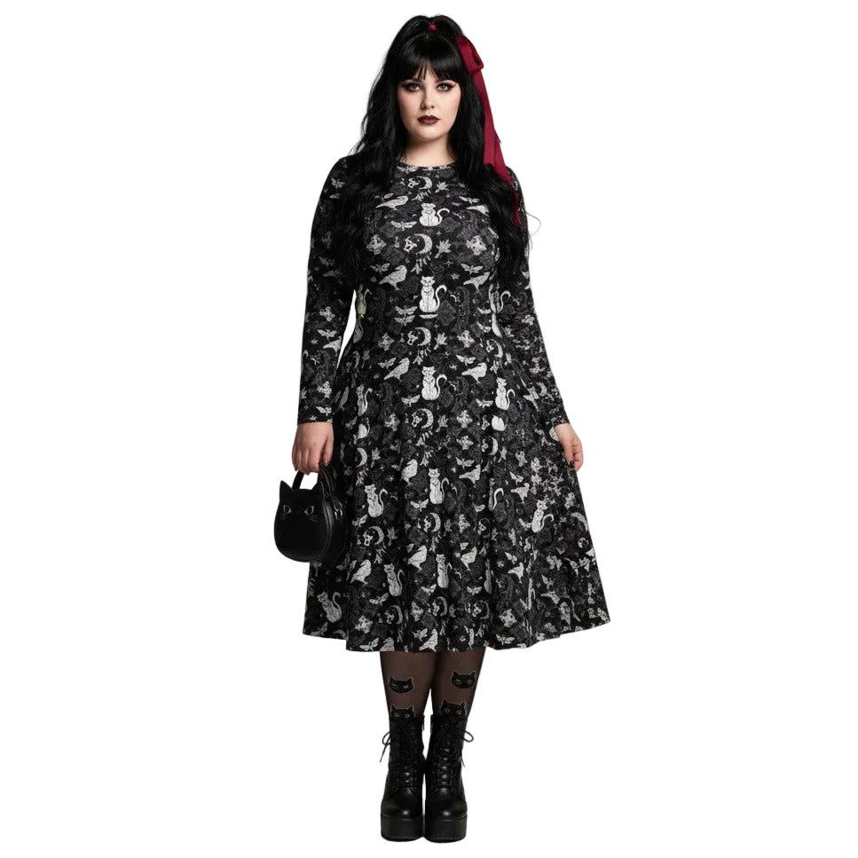 Whimsigoth goth long sleeve midi dress with pockets and witchy cat print.