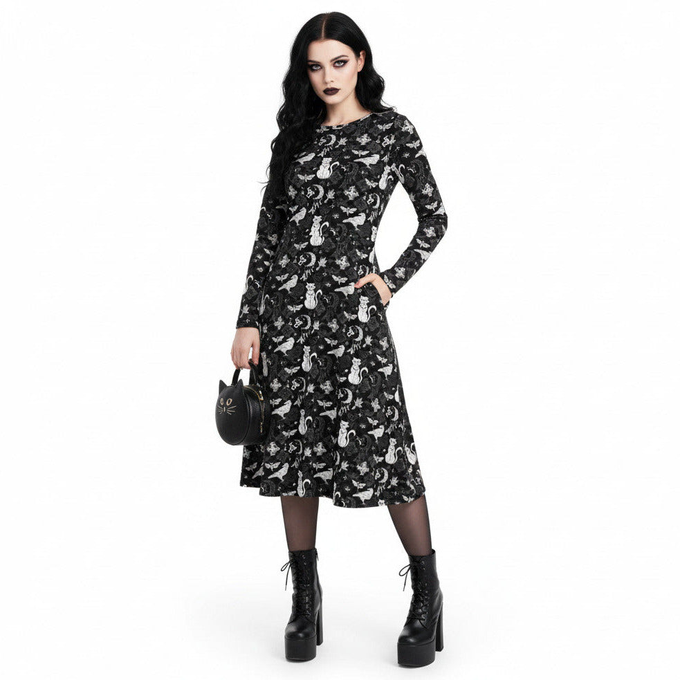 Whimsigoth goth long sleeve midi dress with pockets and witchy cat print.