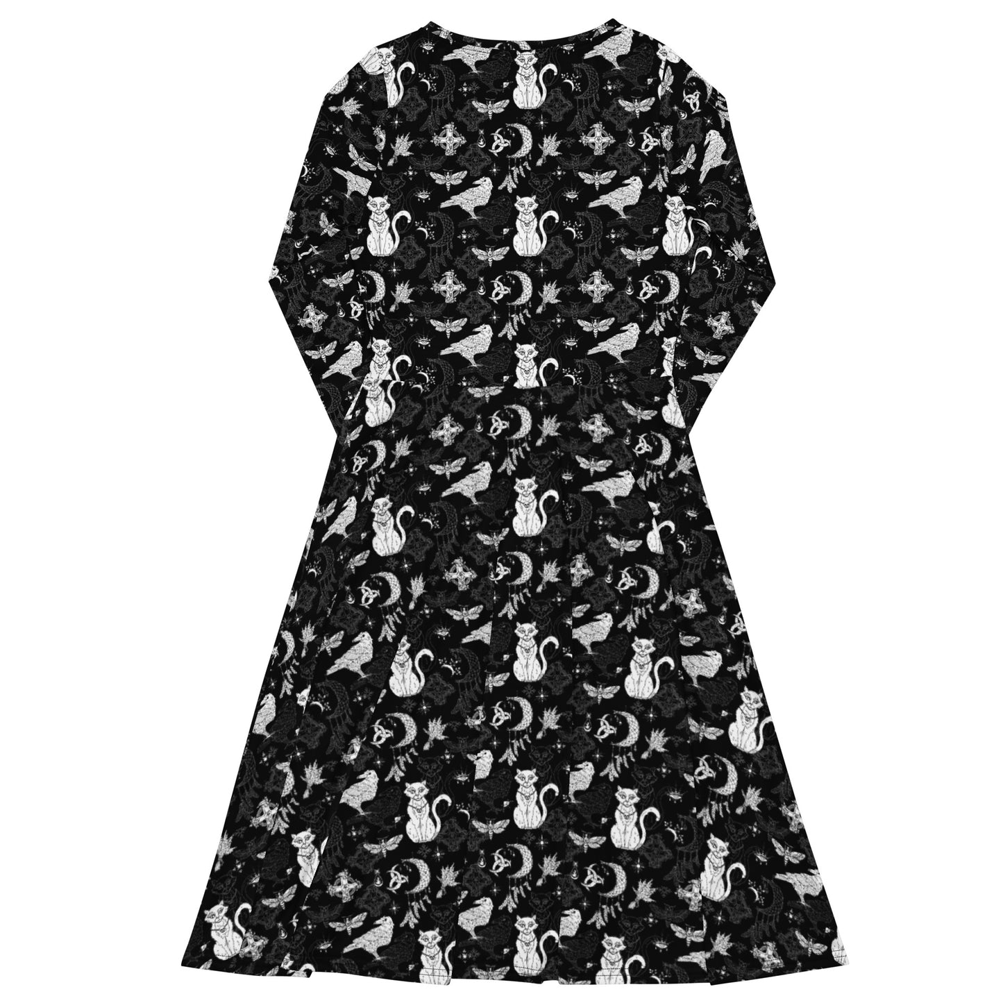 Whimsigoth goth long sleeve midi dress with pockets and witchy cat print.