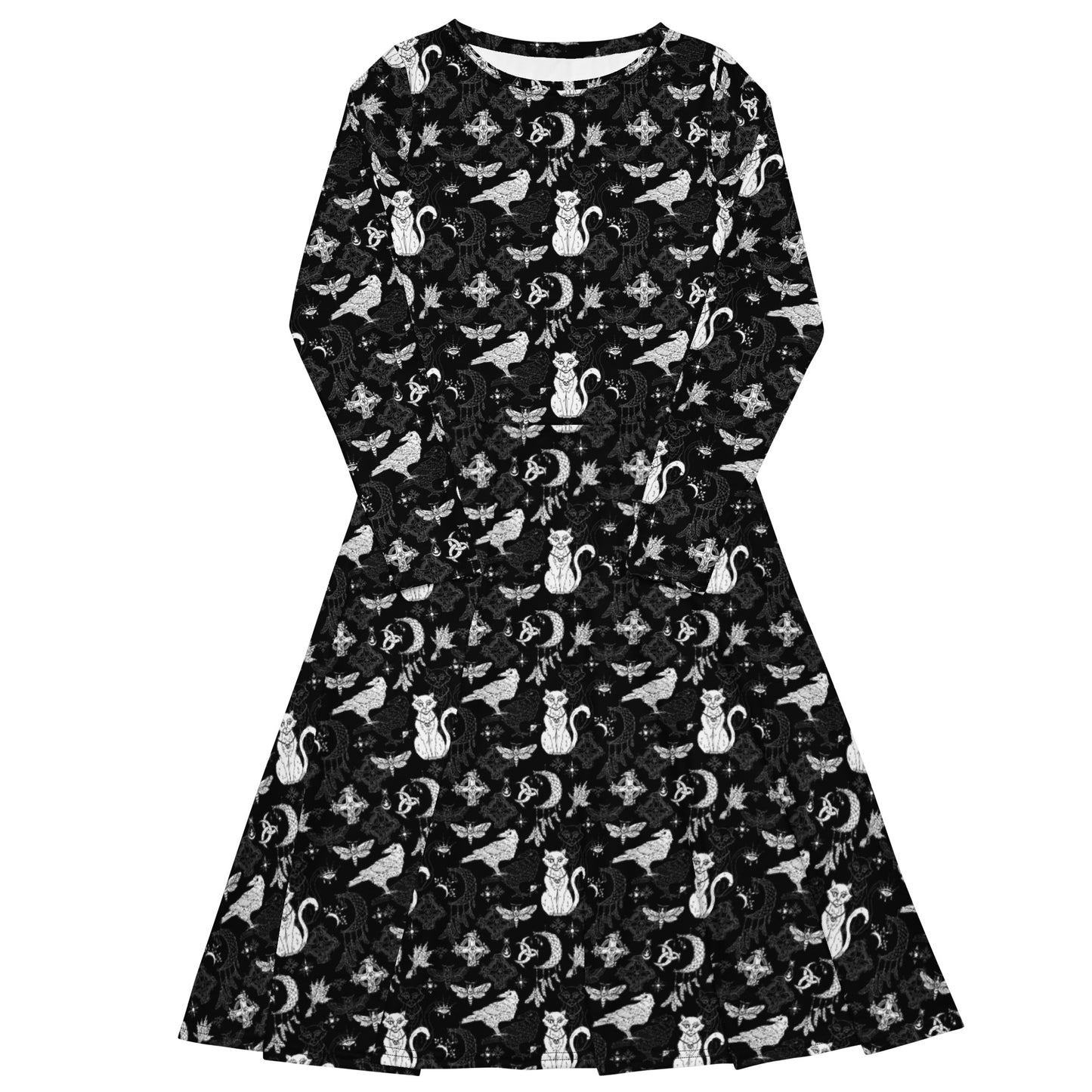 Whimsigoth goth long sleeve midi dress with pockets and witchy cat print.