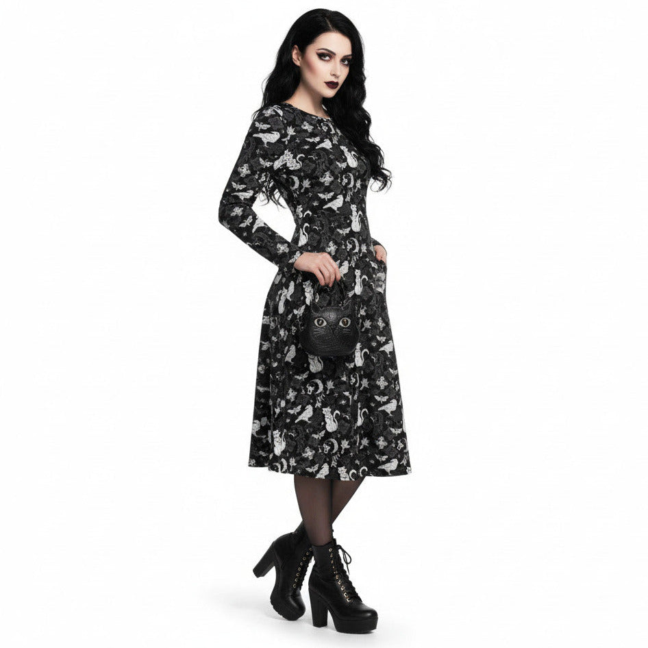 Whimsigoth goth long sleeve midi dress with pockets and witchy cat print.