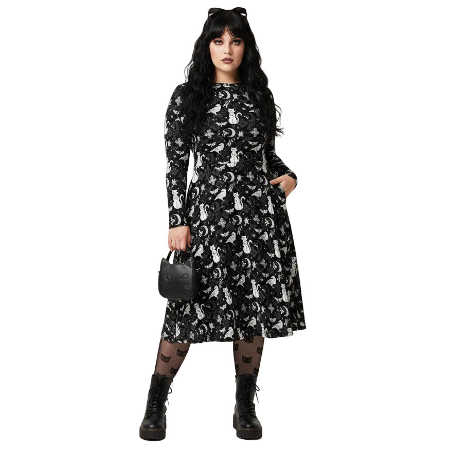 Whimsigoth goth long sleeve midi dress with pockets and witchy cat print.