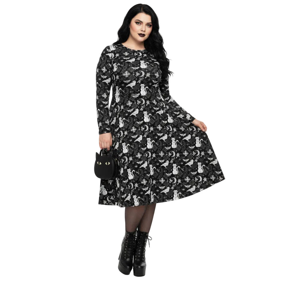 Whimsigoth goth long sleeve midi dress with pockets and witchy cat print.