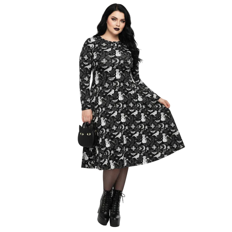 Whimsigoth goth long sleeve midi dress with pockets and witchy cat print.
