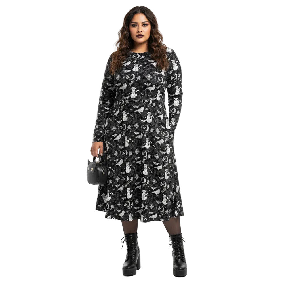 Whimsigoth goth long sleeve midi dress with pockets and witchy cat print.