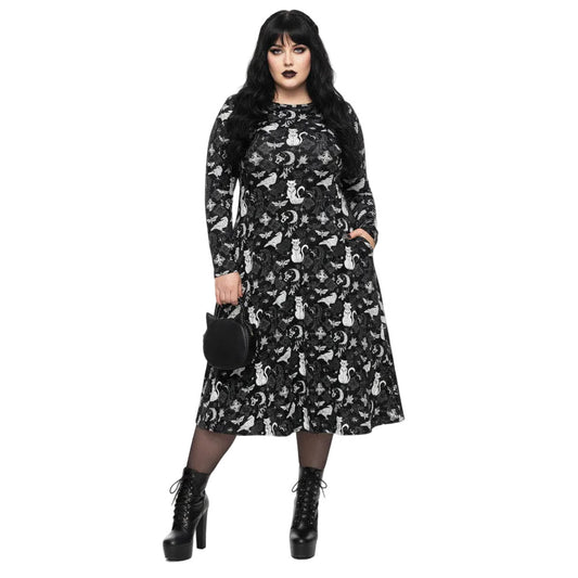 Whimsigoth long sleeve midi dress with pockets and witchy cat print.