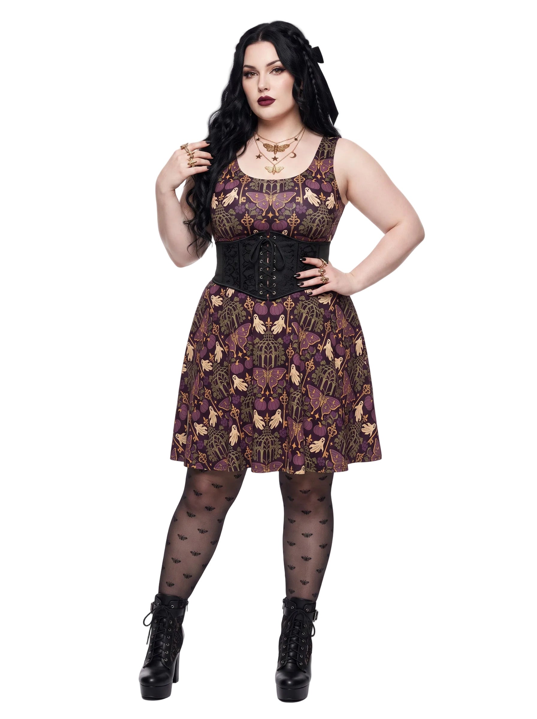 Plus size woman modeling a purple Whimsigoth gothic moth ghost skater dress with a fit and flare silhouette.