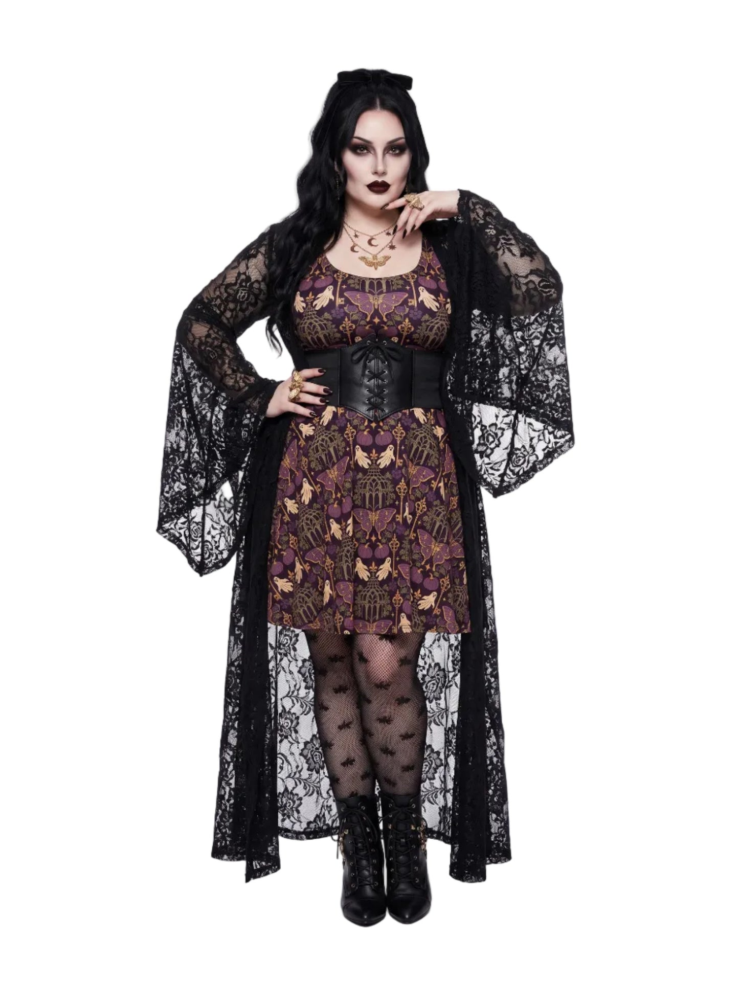 Plus size woman modeling a purple Whimsigoth gothic moth ghost skater dress with a fit and flare silhouette.
