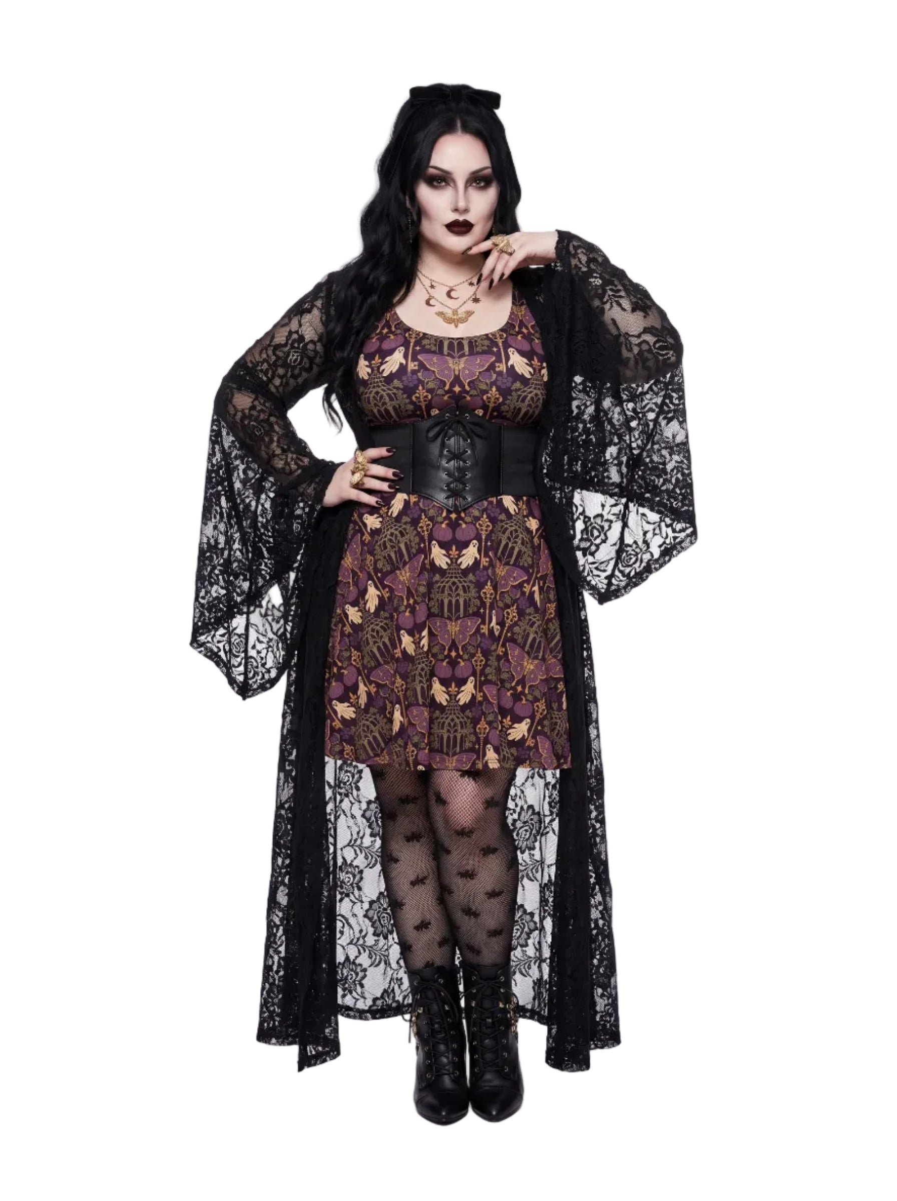 Plus size woman modeling a purple Whimsigoth gothic moth ghost skater dress with a fit and flare silhouette.