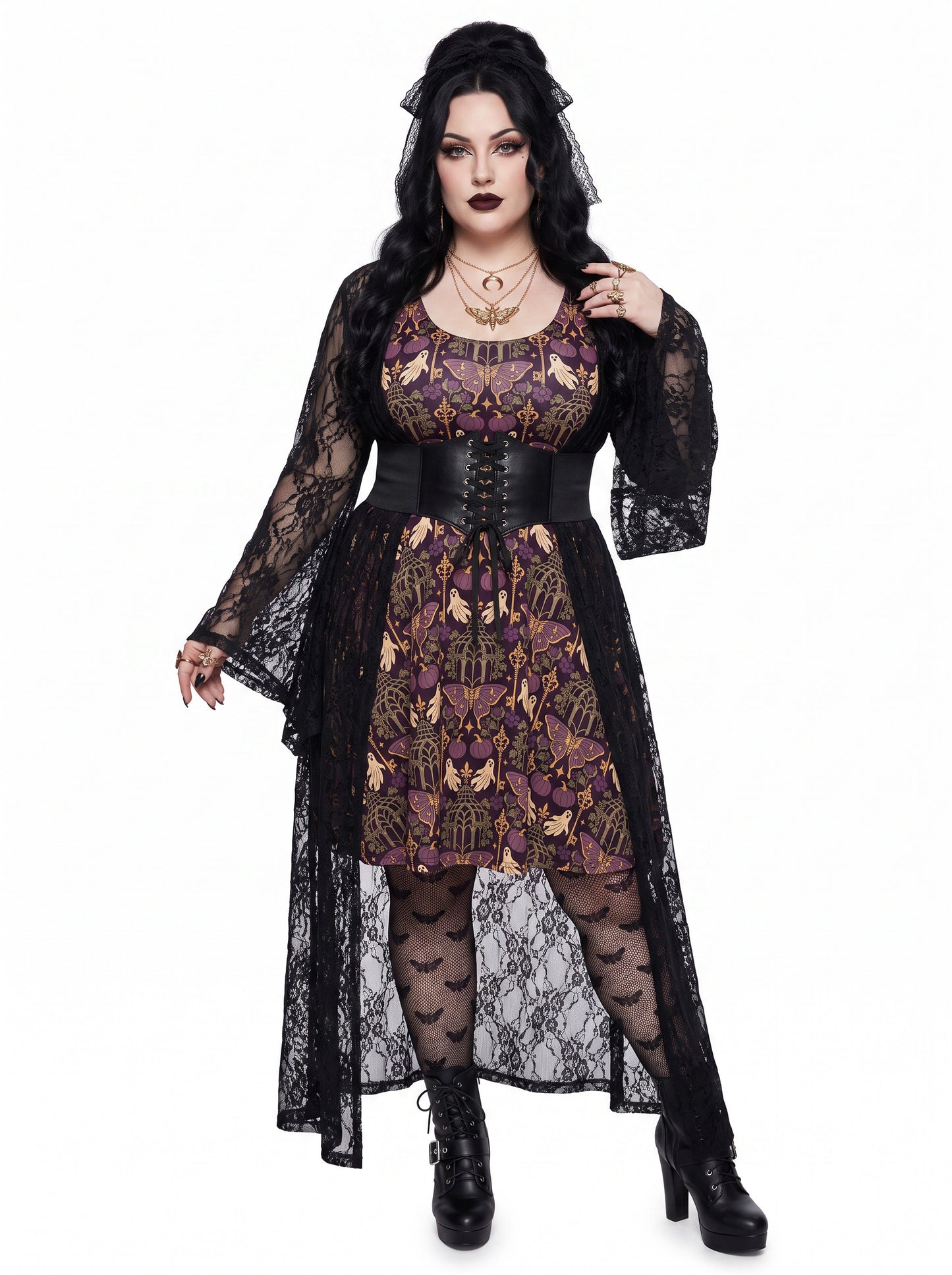 Plus size woman modeling a purple Whimsigoth gothic moth ghost skater dress with a fit and flare silhouette.