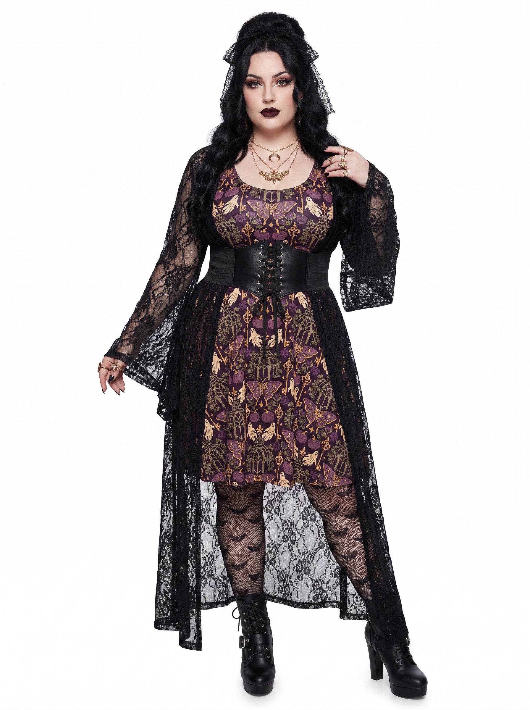Plus size woman modeling a purple Whimsigoth gothic moth ghost skater dress with a fit and flare silhouette.