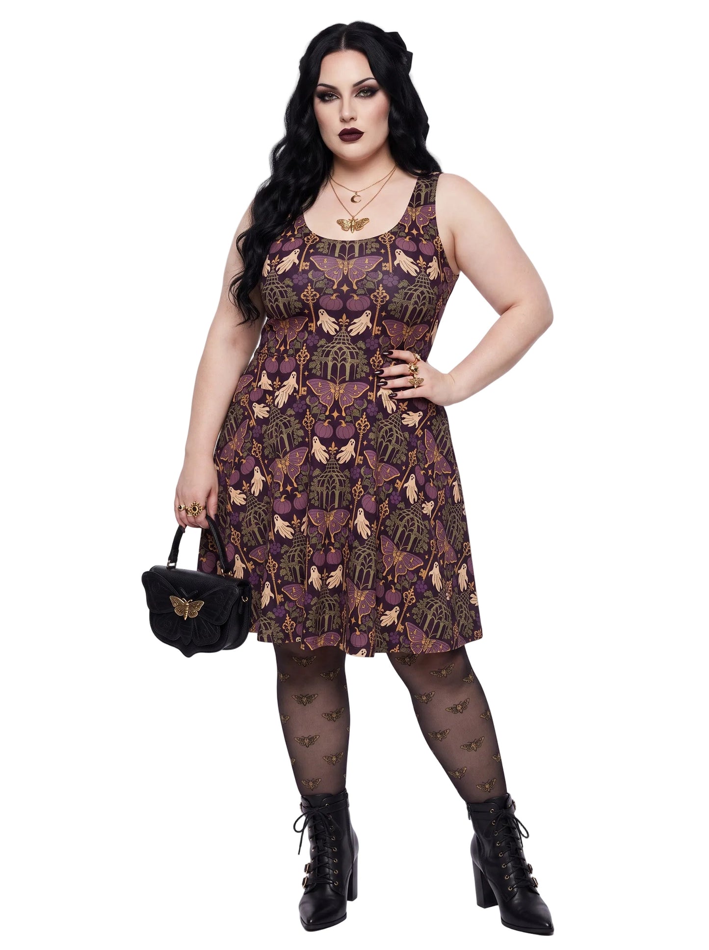Plus size woman modeling a purple Whimsigoth gothic moth ghost skater dress with a fit and flare silhouette.
