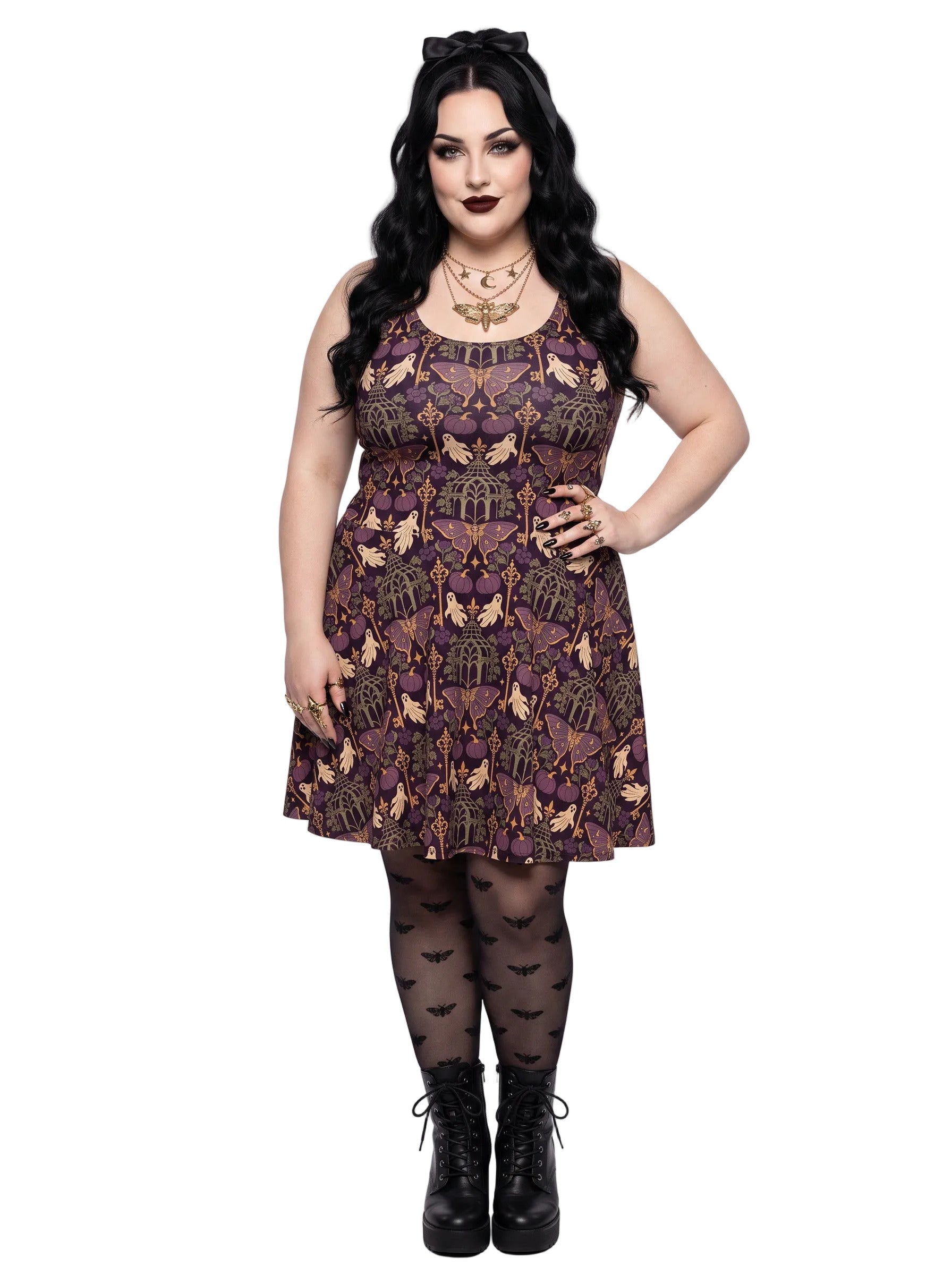 Plus size woman modeling a purple Whimsigoth gothic moth ghost skater dress with a fit and flare silhouette.