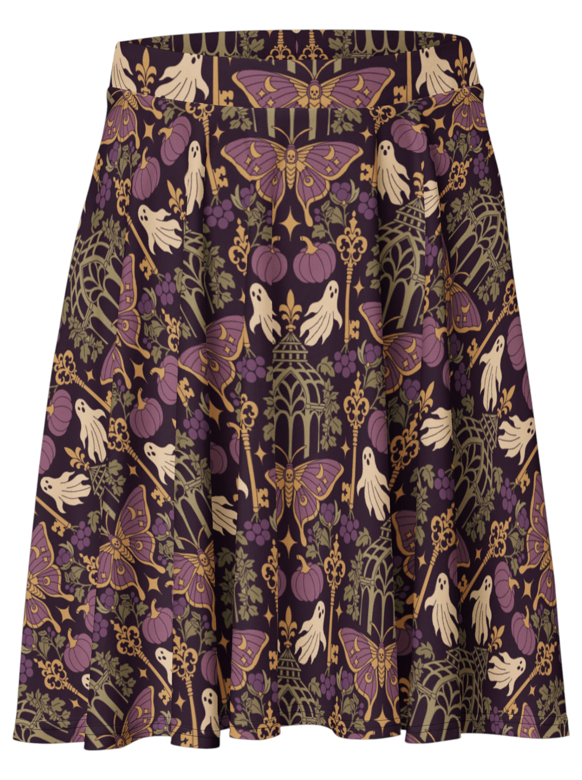 A whimsigoth flared skirt with a dense vintage-style Halloween print featuring purple moths, cream ghosts, purple pumpkins, and gold accents on a dark background.