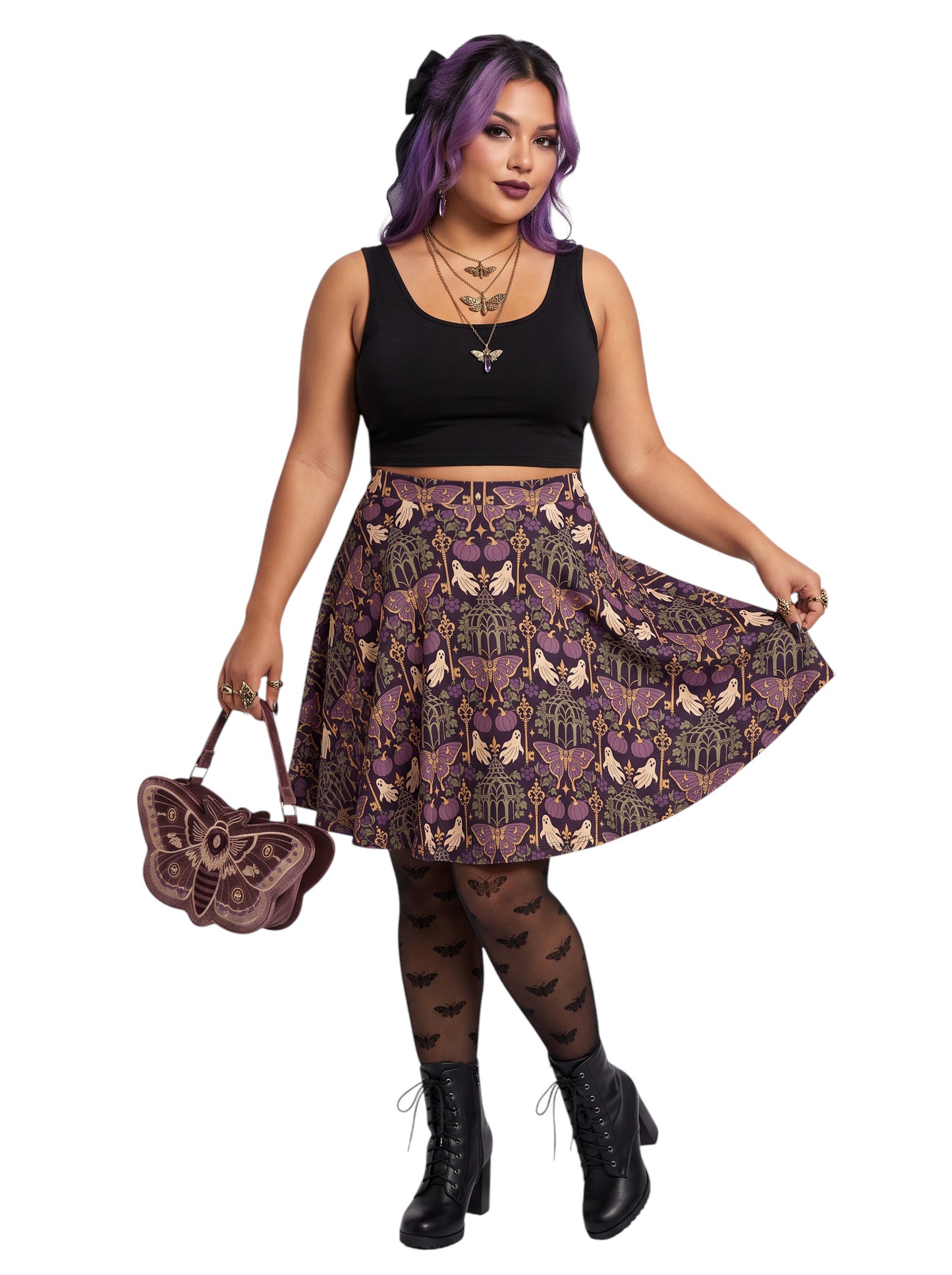 Woman wearing a purple Whimsigoth moth print goth flare skirt with black crop top and moth tights.