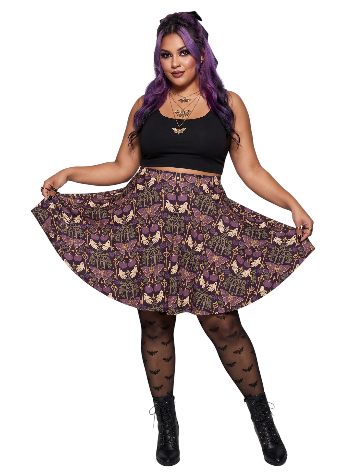 Woman wearing a purple Whimsigoth moth print goth flare skirt with black crop top and moth tights.