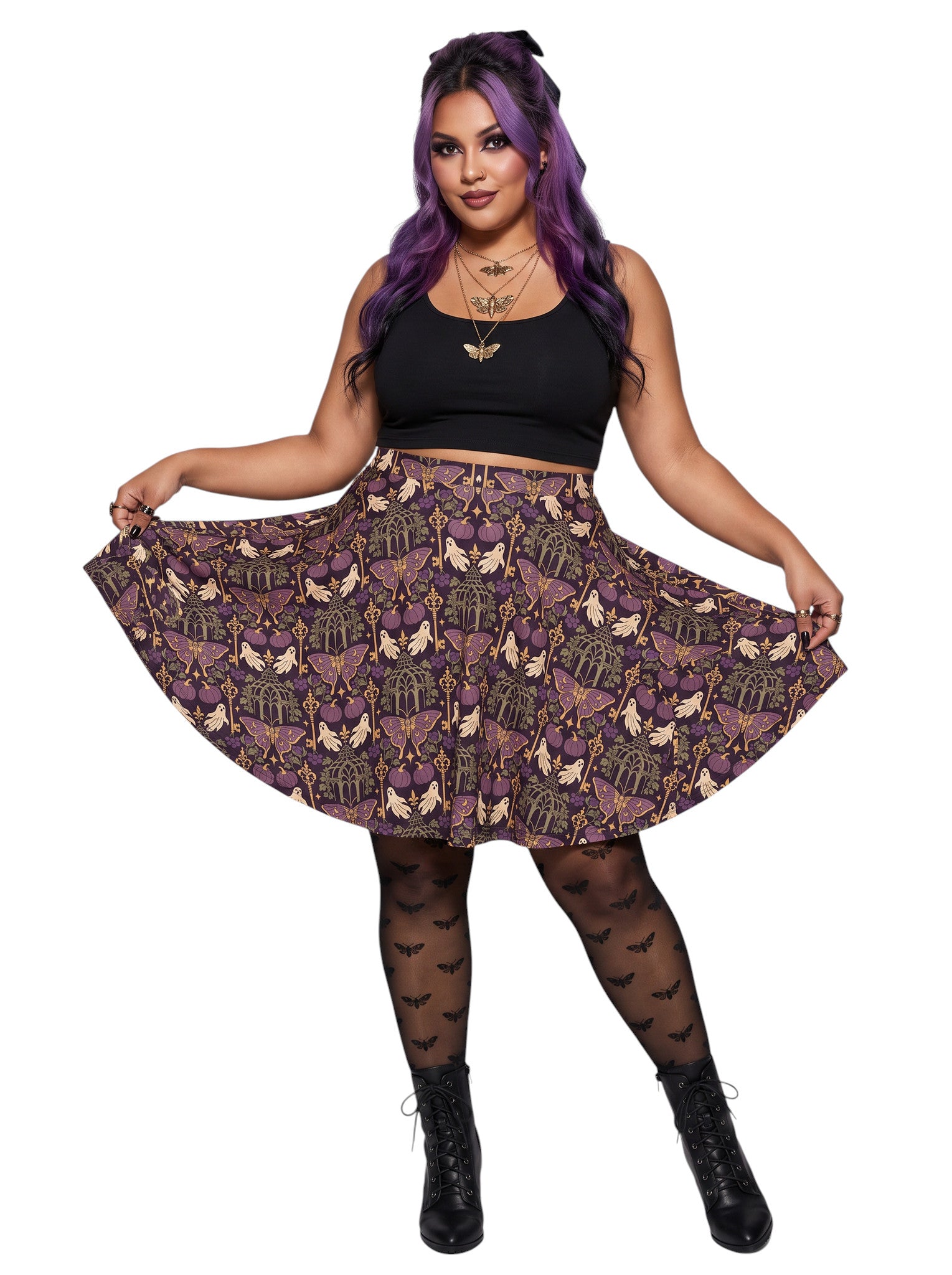 Woman wearing a purple Whimsigoth moth print goth flare skirt with black crop top and moth tights.