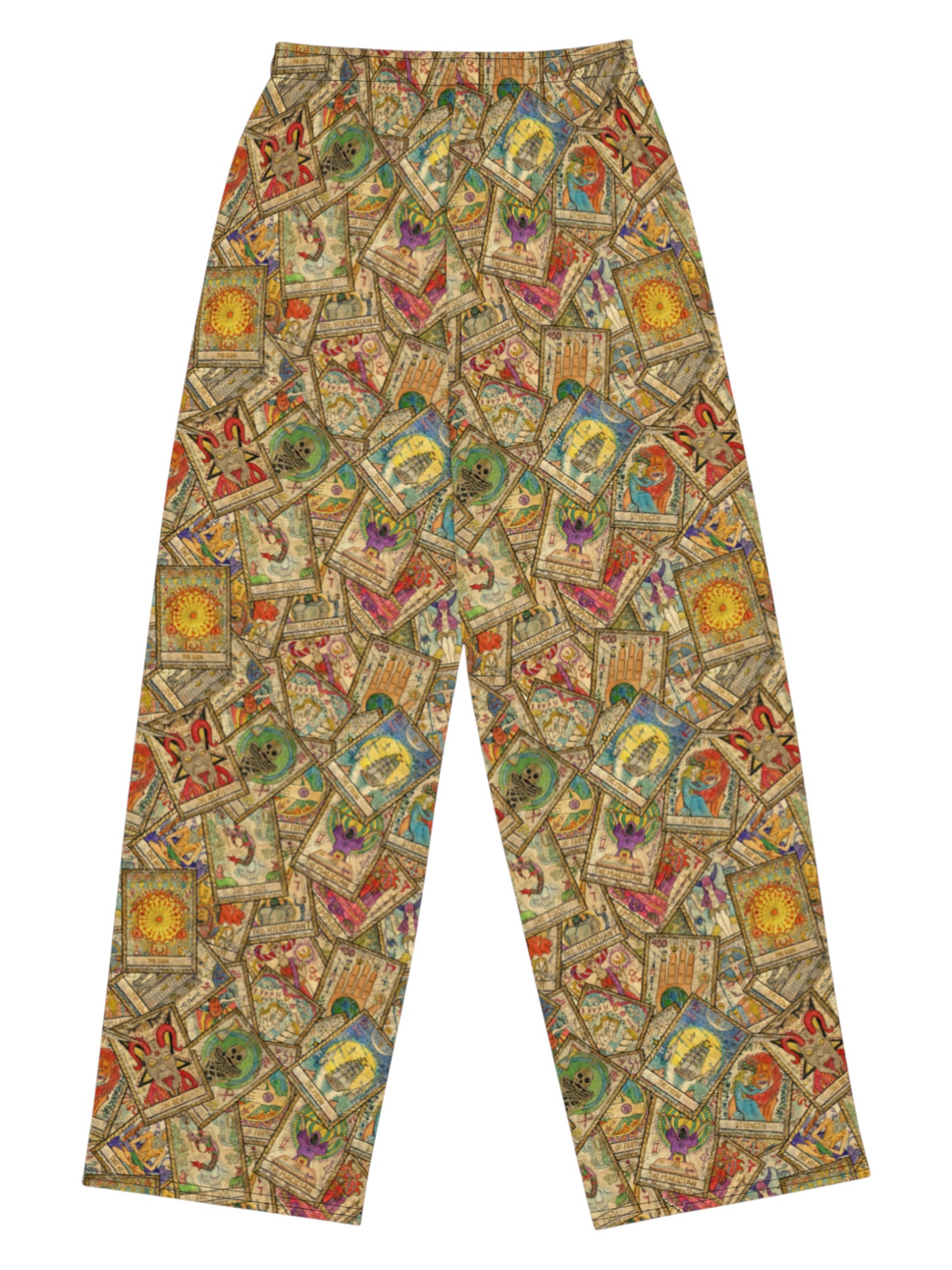 Whimsigoth wide leg lounge pants with vintage tarot card print and practical side pockets.