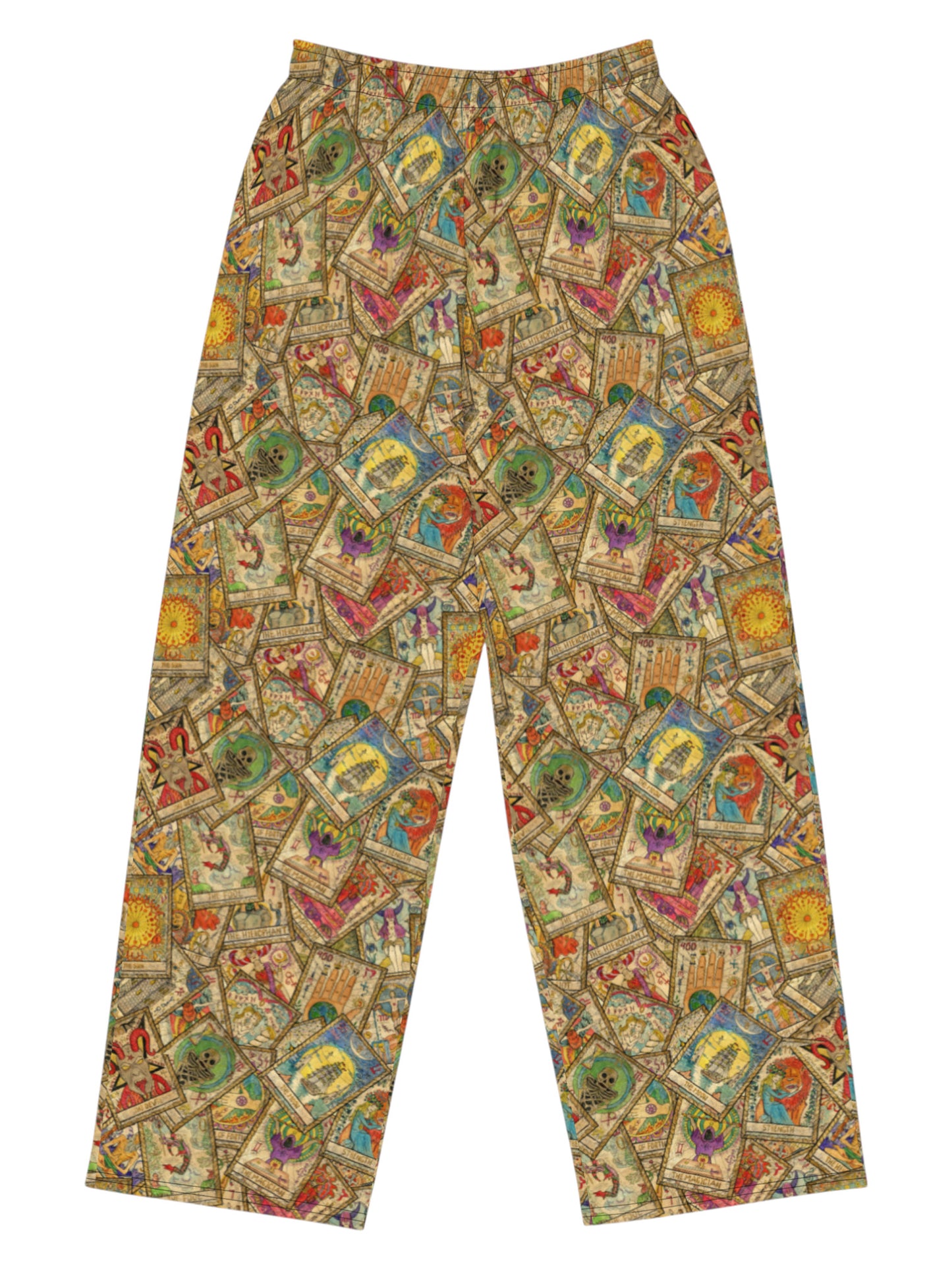 Whimsigoth wide leg lounge pants with vintage tarot card print and practical side pockets.
